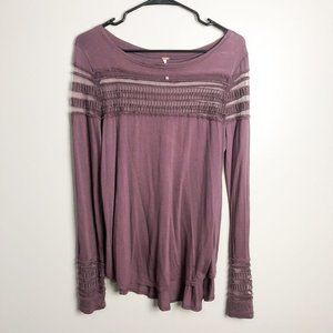Free People Semi Sheer Mesh Insert Roxie Long Sleeve T Shirt Purple Womens Small